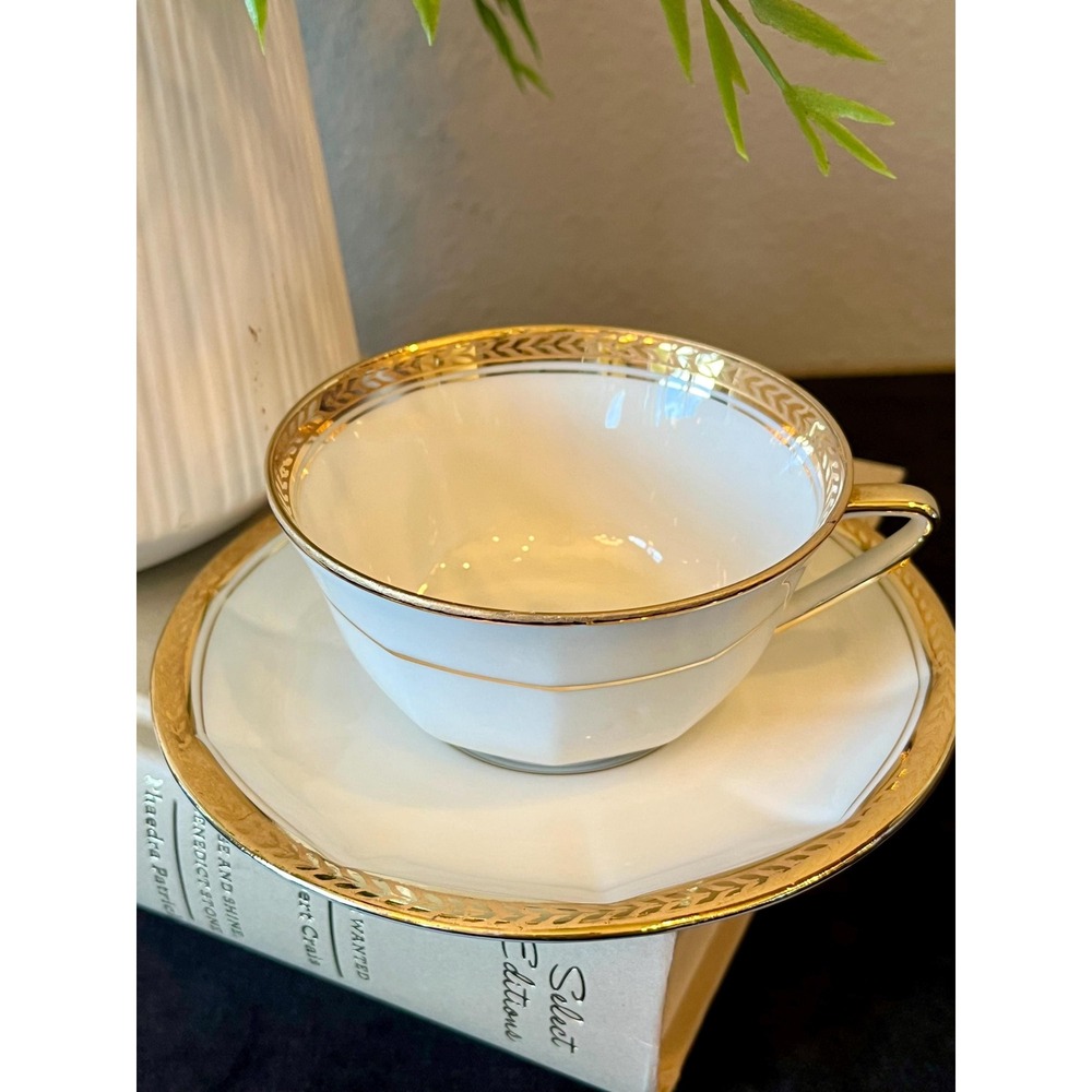 Vintage Limoges France Teacup Saucer Set Gold Laurel Leaf Chevron Porcelain 50s
